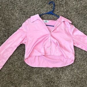 pink satin long sleeve crop top button up